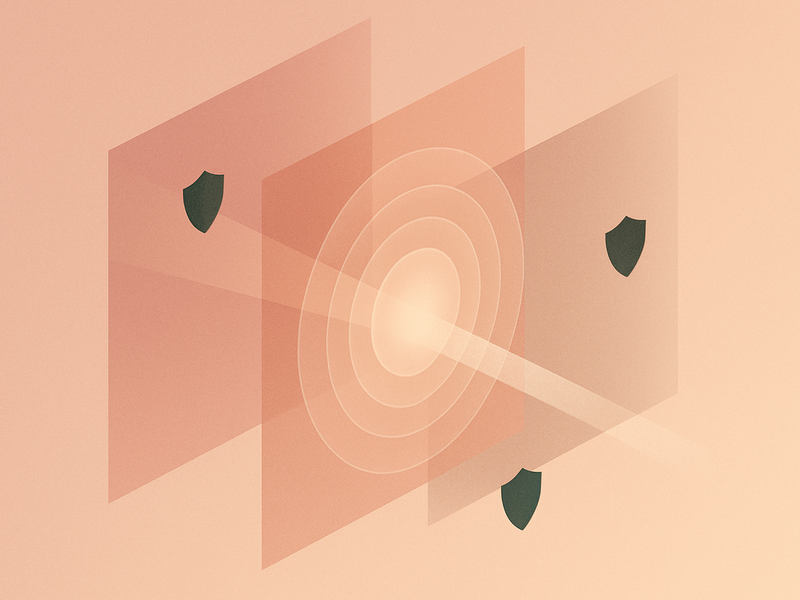 Abstract illustration of network DNS filtering with layered planes and shielded nodes