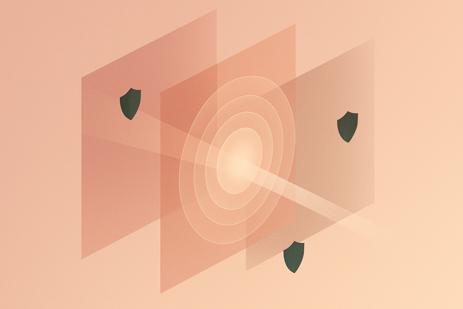 Abstract illustration of network DNS filtering with layered planes and shielded nodes