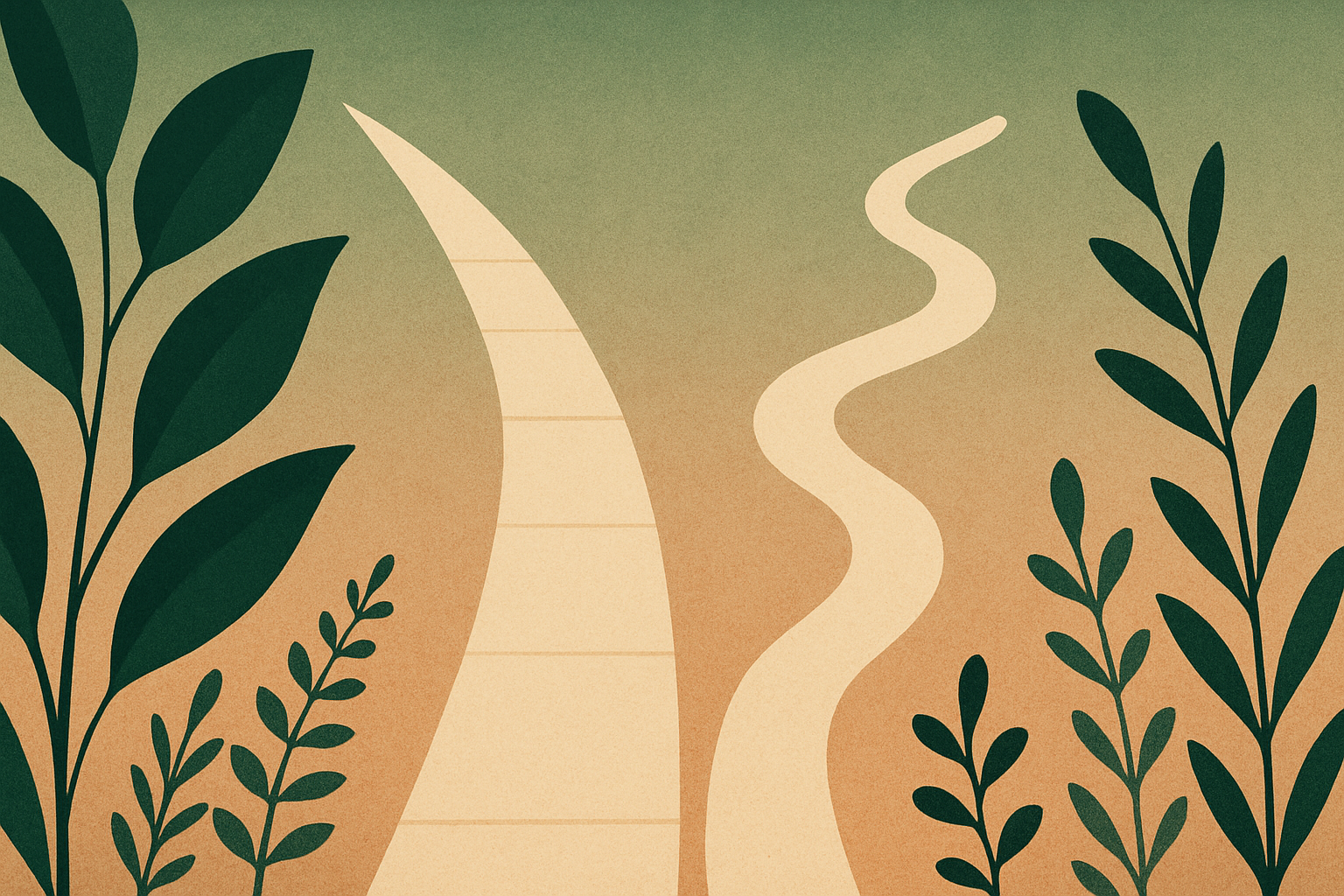 Abstract illustration depicting diverging decision paths in soft botanical tones