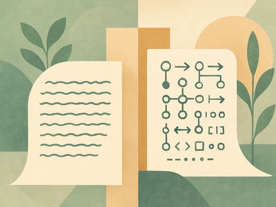 Abstract illustration showing manuscript pages transitioning to algorithmic patterns