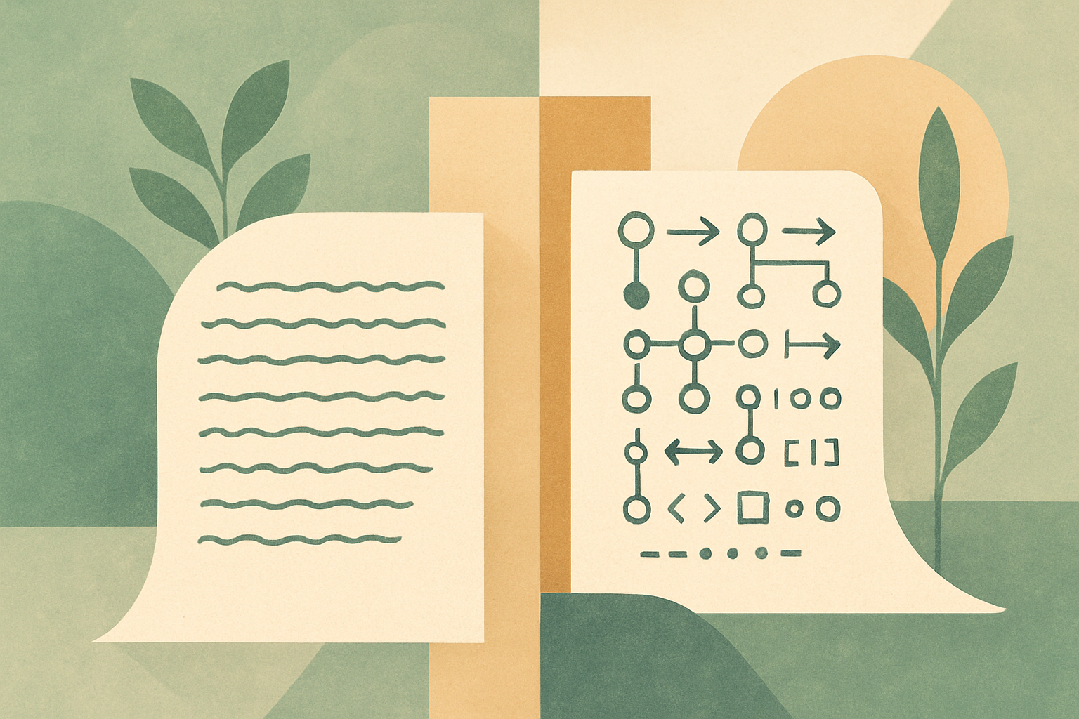 Abstract illustration showing manuscript pages transitioning to algorithmic patterns
