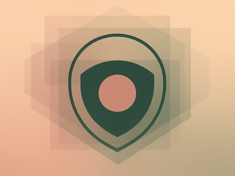Abstract illustration of layered translucent planes and a shielded node representing Aurora Linux's immutable atomic desktop architecture.