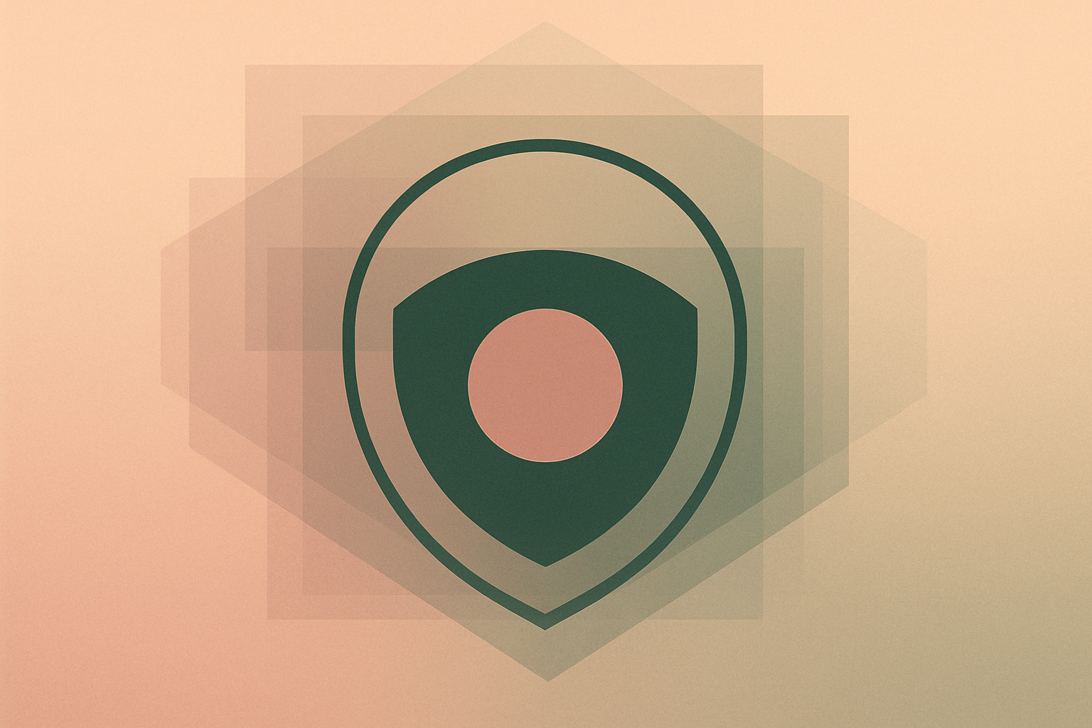 Abstract illustration of layered translucent planes and a shielded node representing Aurora Linux's immutable atomic desktop architecture.