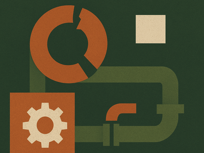 Abstract illustration of industrial disruption using geometric shapes in green and earth tones