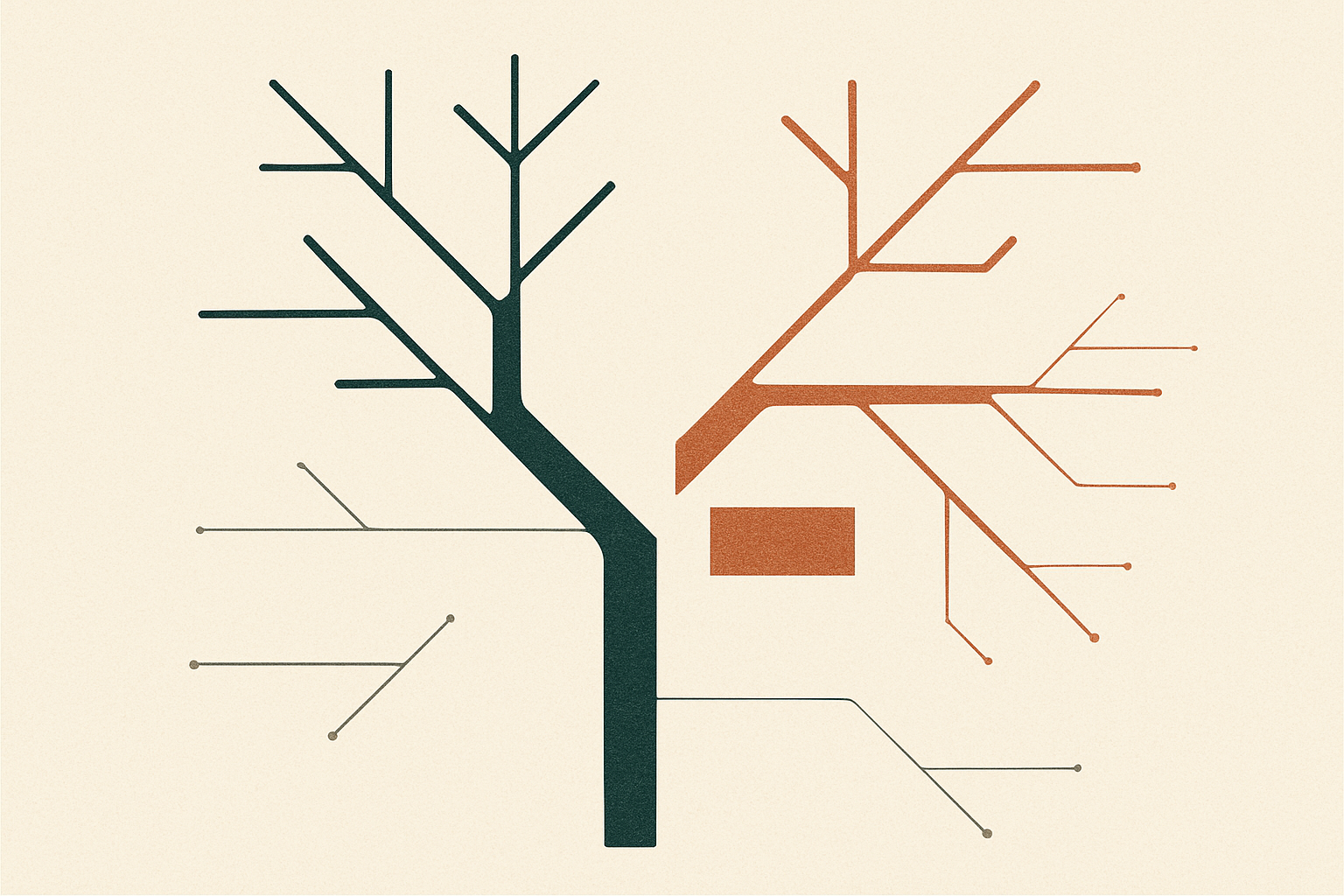 Abstract illustration of a branching structure with one separated branch