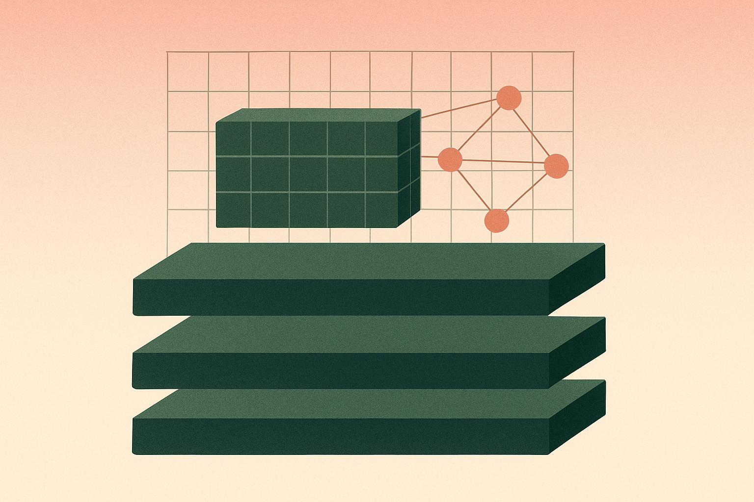 Abstract illustration of layered software foundation representing Debian operating system stability