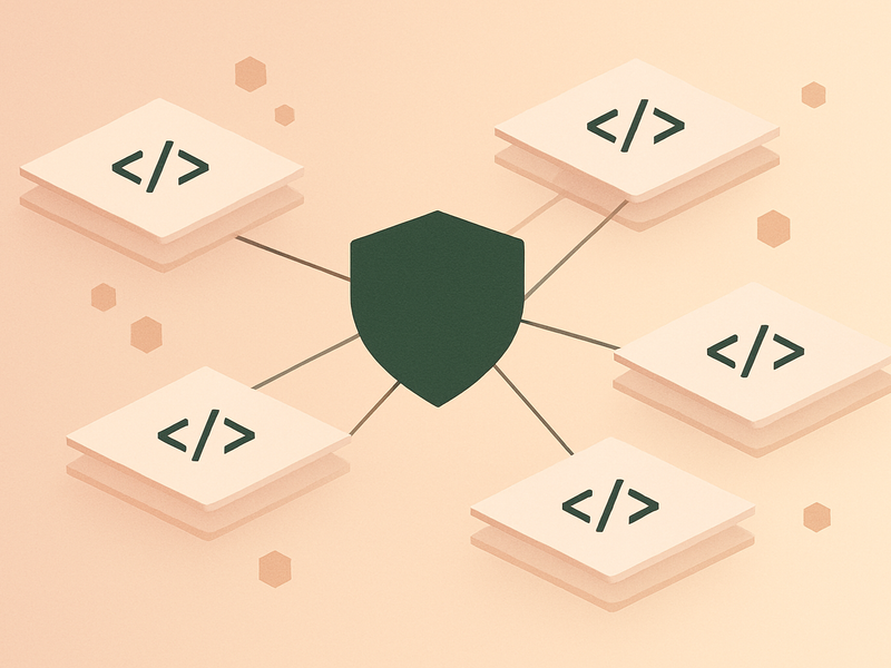Abstract illustration representing a decentralized, community-governed software forge with connected nodes and protective governance symbolism
