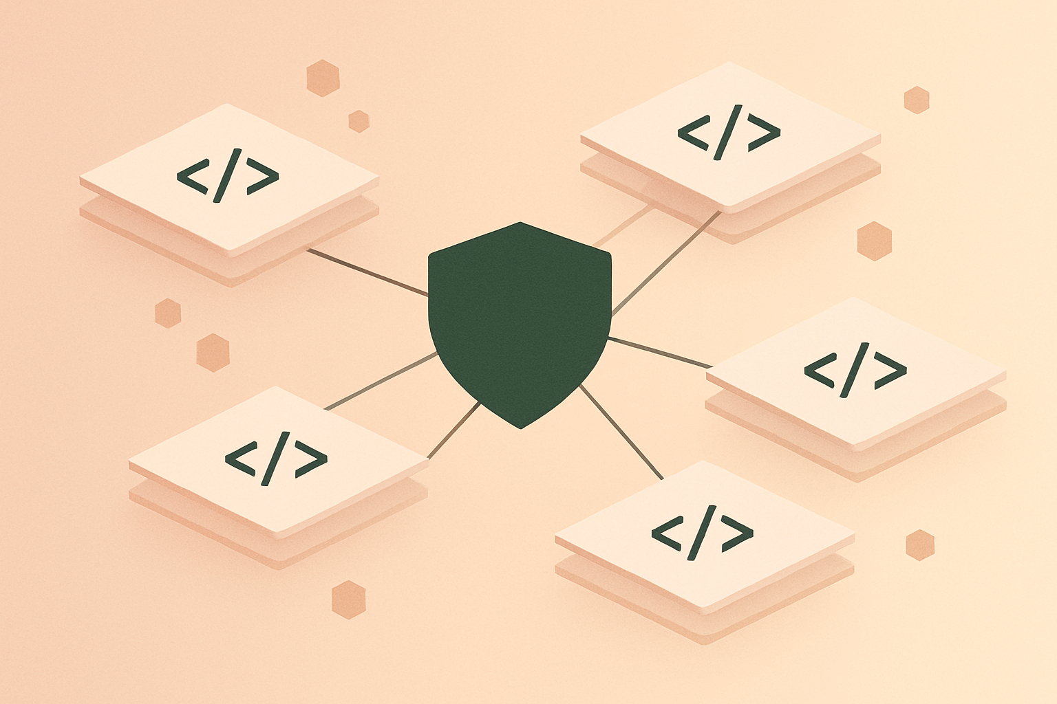 Abstract illustration representing a decentralized, community-governed software forge with connected nodes and protective governance symbolism