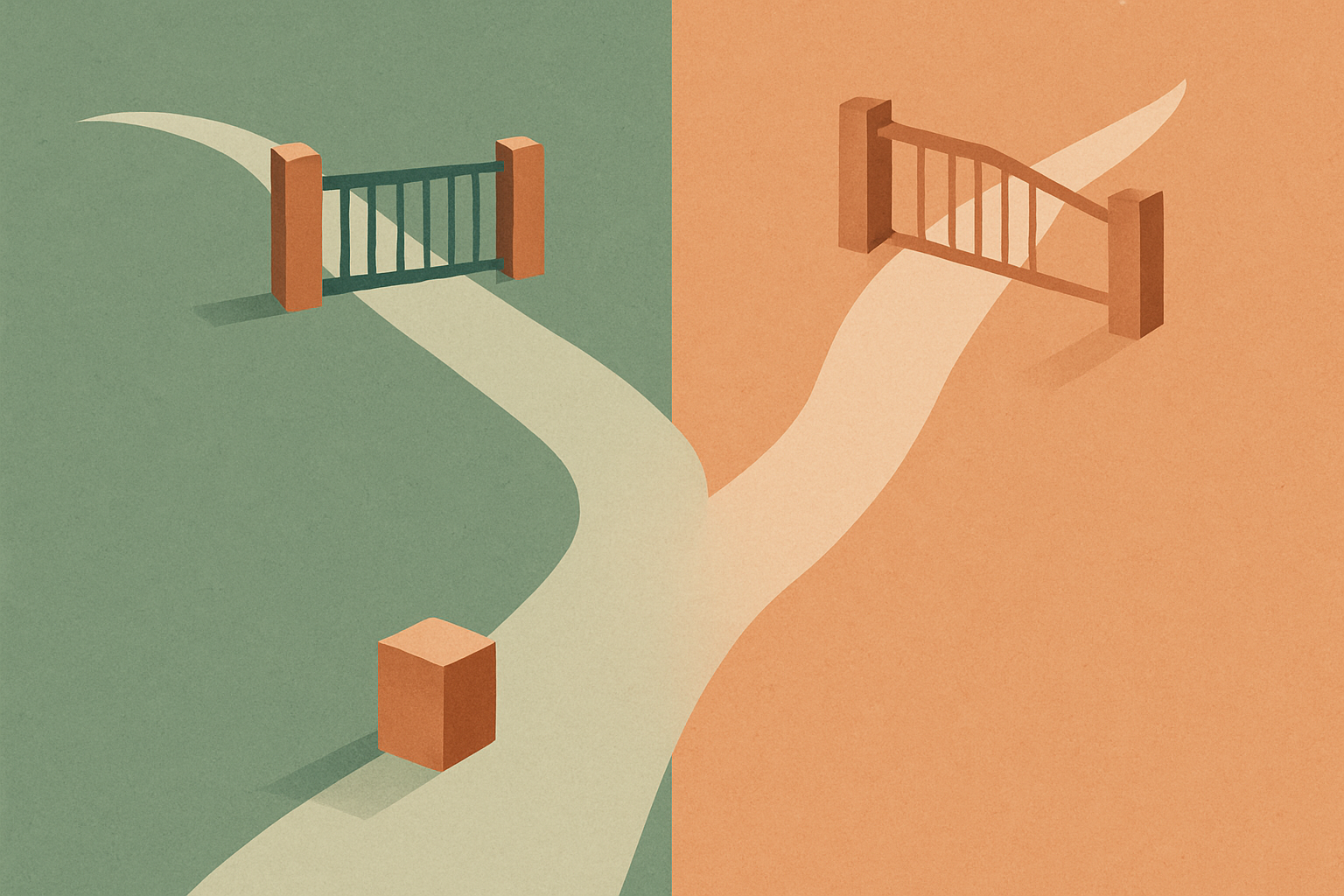 Abstract illustration depicting divided pathways and regulatory barriers in forest green tones
