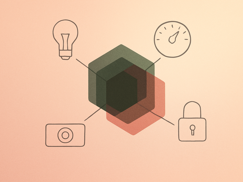 Abstract layered hub with connection lines to device icons on gradient background