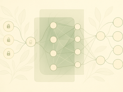 Abstract illustration of encrypted computation flowing through layered geometric forms