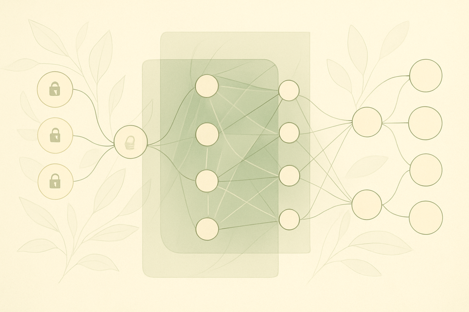 Abstract illustration of encrypted computation flowing through layered geometric forms
