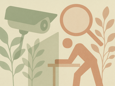 Abstract geometric shapes overlapping with botanical silhouettes, suggesting workplace monitoring systems