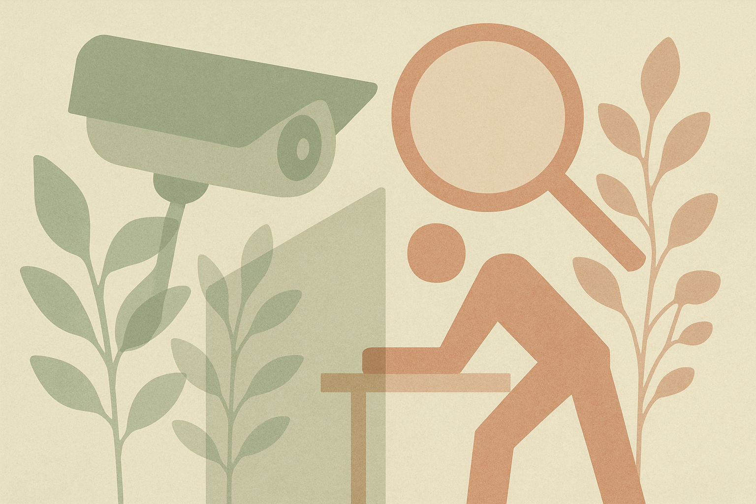 Abstract geometric shapes overlapping with botanical silhouettes, suggesting workplace monitoring systems