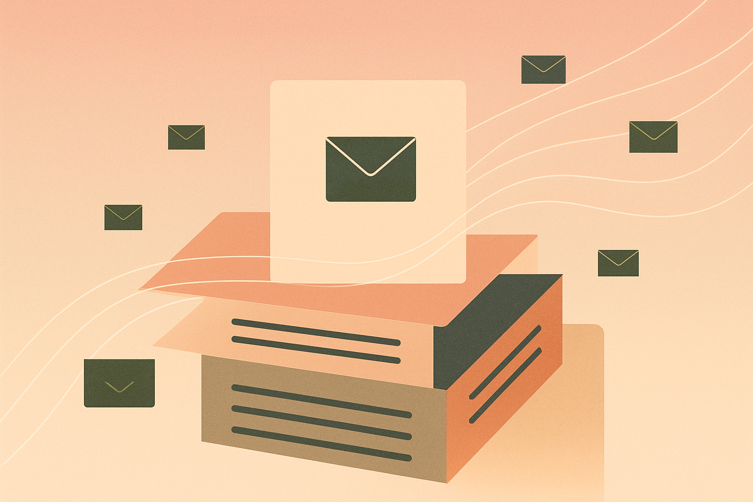 Abstract illustration representing self-hosted newsletter management with layered geometric shapes and flowing distribution paths