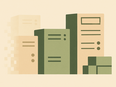 Abstract illustration depicting infrastructure transition with geometric shapes representing server lifecycle