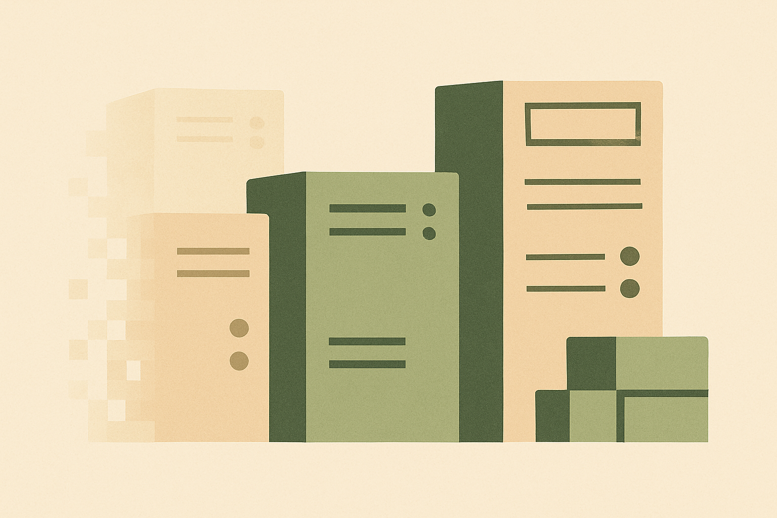 Abstract illustration depicting infrastructure transition with geometric shapes representing server lifecycle
