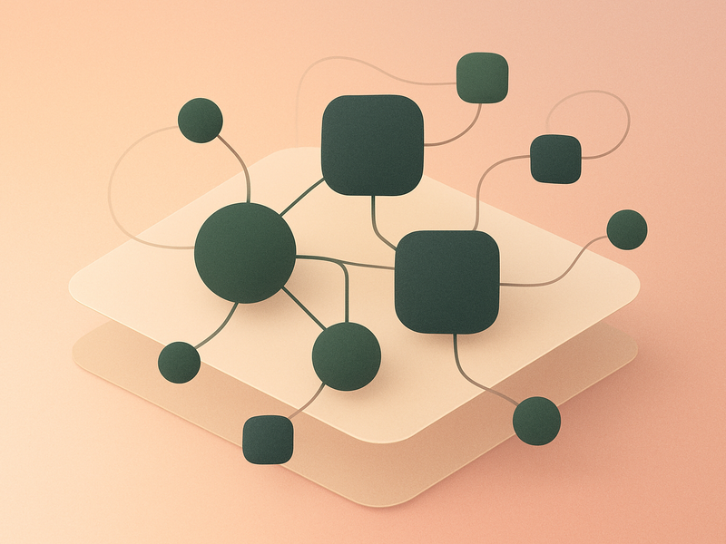 Abstract illustration of interconnected workflow nodes and infrastructure layers representing n8n's self-hosted automation platform
