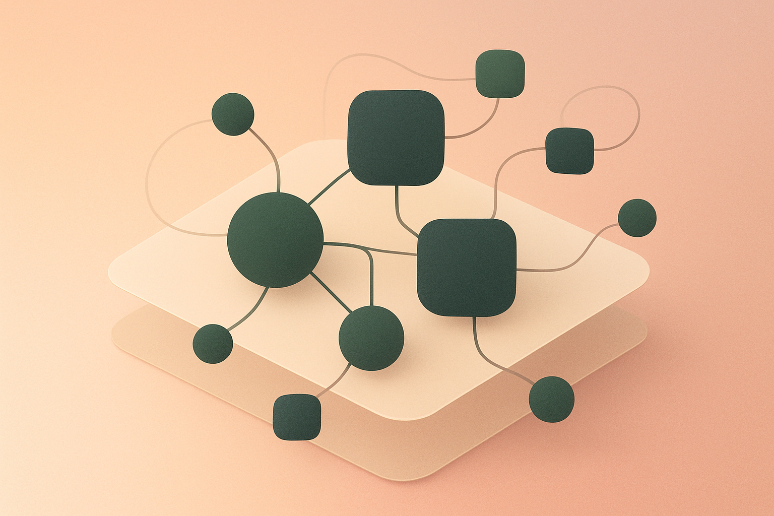 Abstract illustration of interconnected workflow nodes and infrastructure layers representing n8n's self-hosted automation platform
