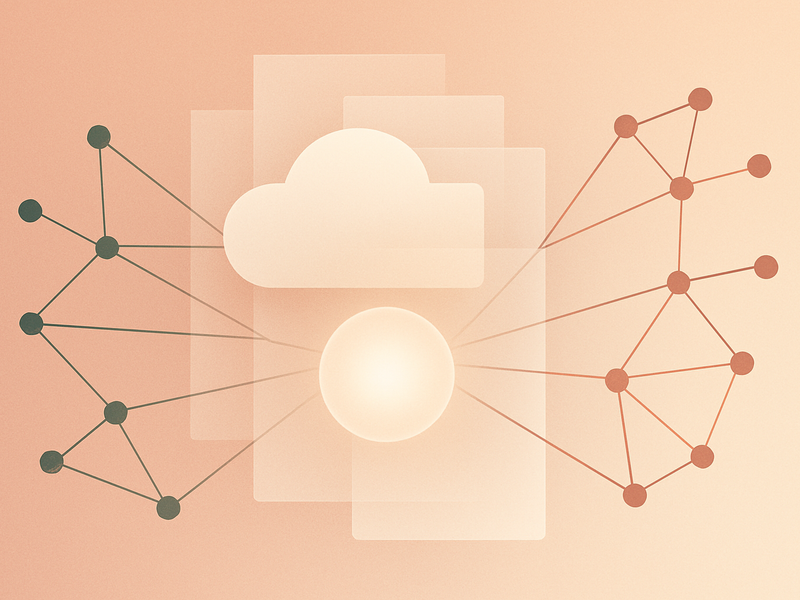 Abstract illustration of layered geometric planes and connected nodes representing self-hosted collaboration platform architecture