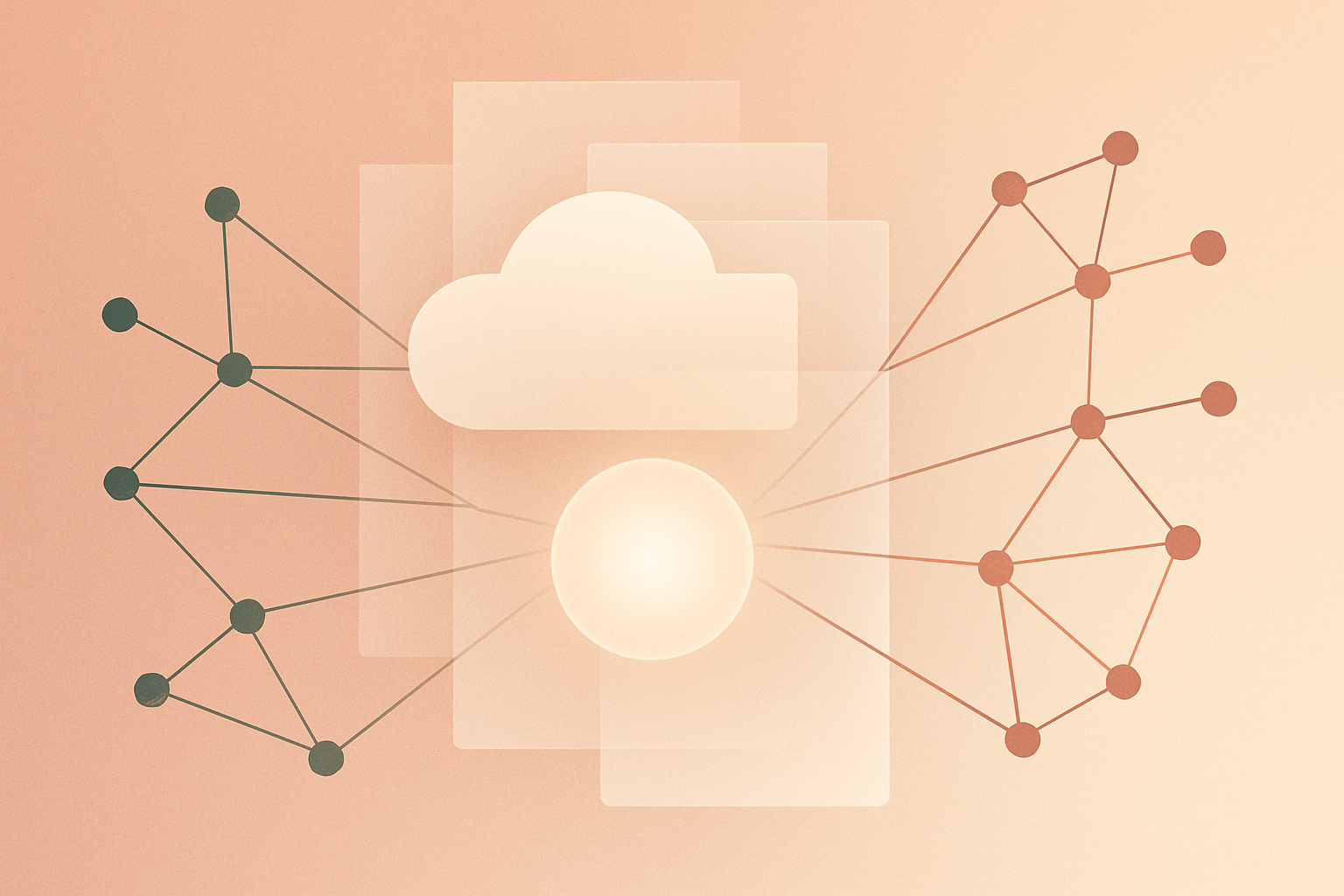 Abstract illustration of layered geometric planes and connected nodes representing self-hosted collaboration platform architecture