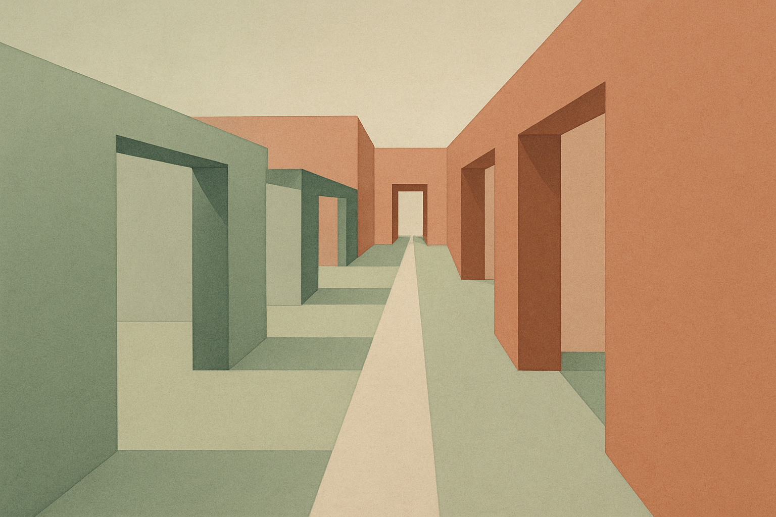 Abstract illustration of open pathways narrowing into controlled gates