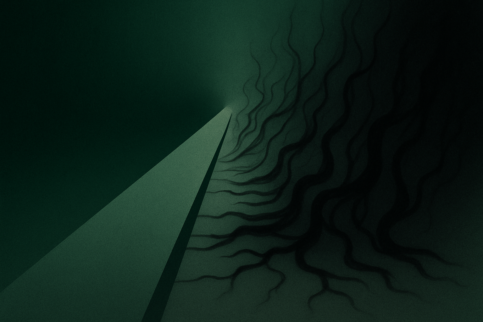 Abstract illustration of trusted pathways fragmenting into shadowy divergent forms