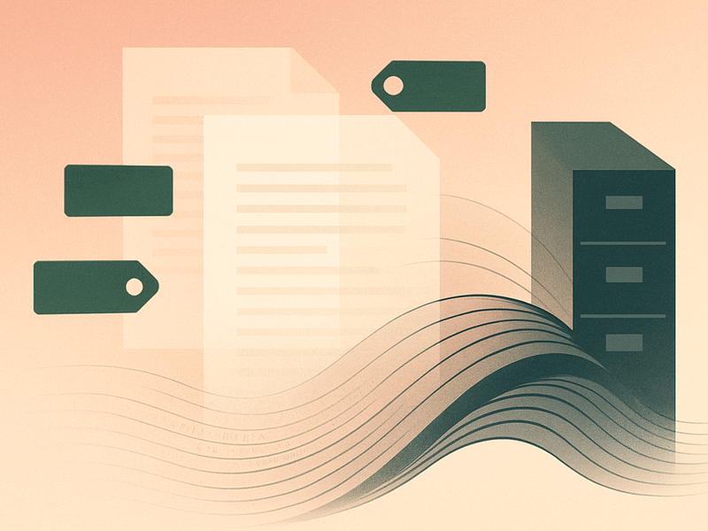 Abstract illustration of document pages transforming into organized digital archive with search and tagging elements