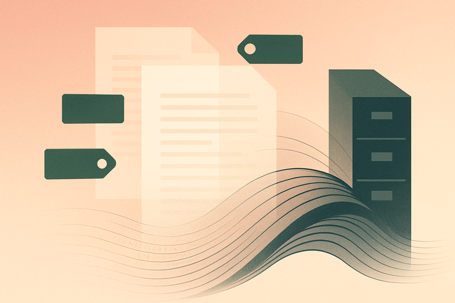 Abstract illustration of document pages transforming into organized digital archive with search and tagging elements