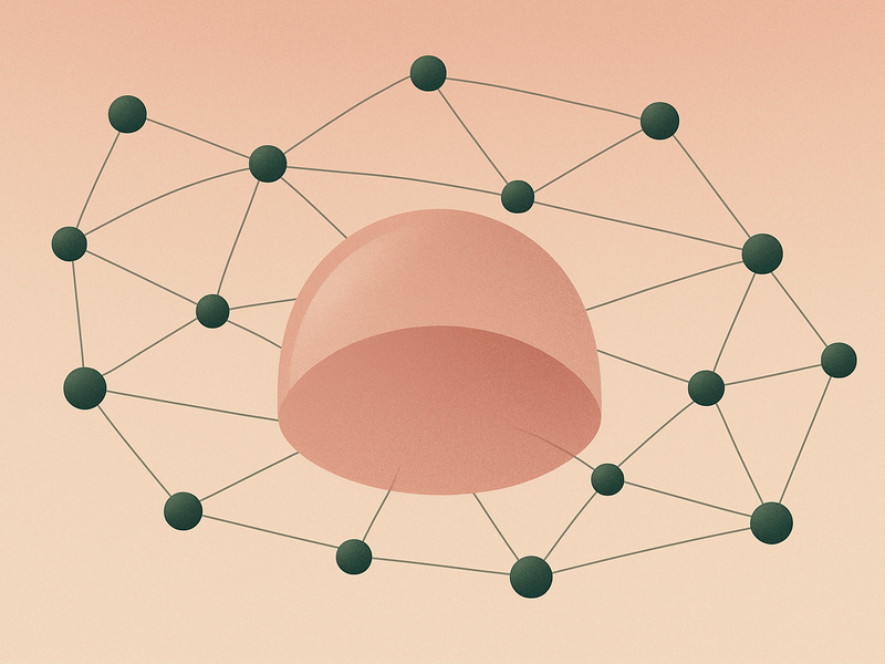 Abstract mesh network illustration showing interconnected nodes with secure perimeter