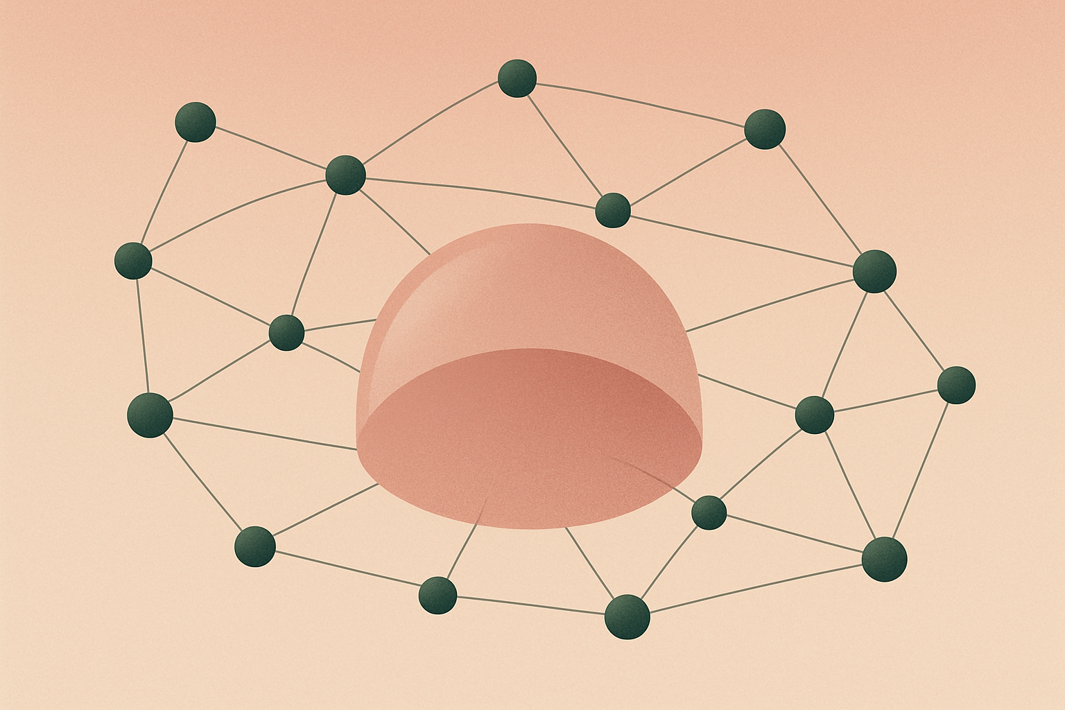 Abstract mesh network illustration showing interconnected nodes with secure perimeter