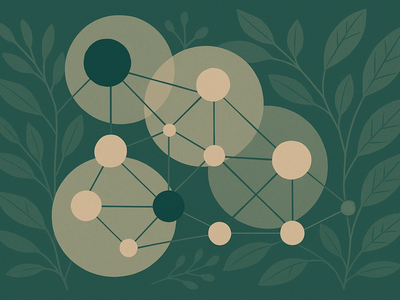 Abstract geometric representation of software supply chain dependencies in green and gray tones