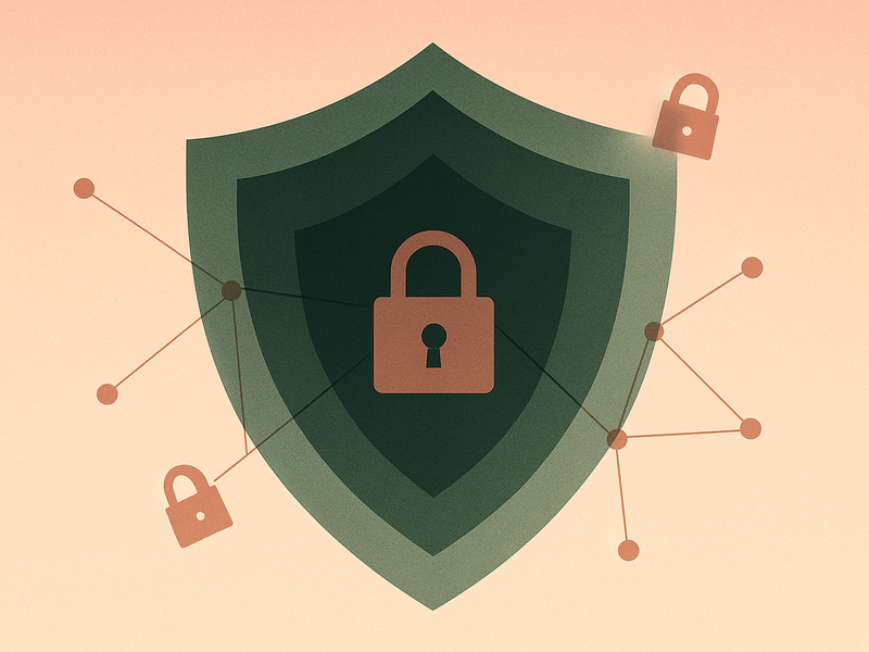 Abstract illustration of layered security shields and connected nodes representing self-hosted password vault architecture