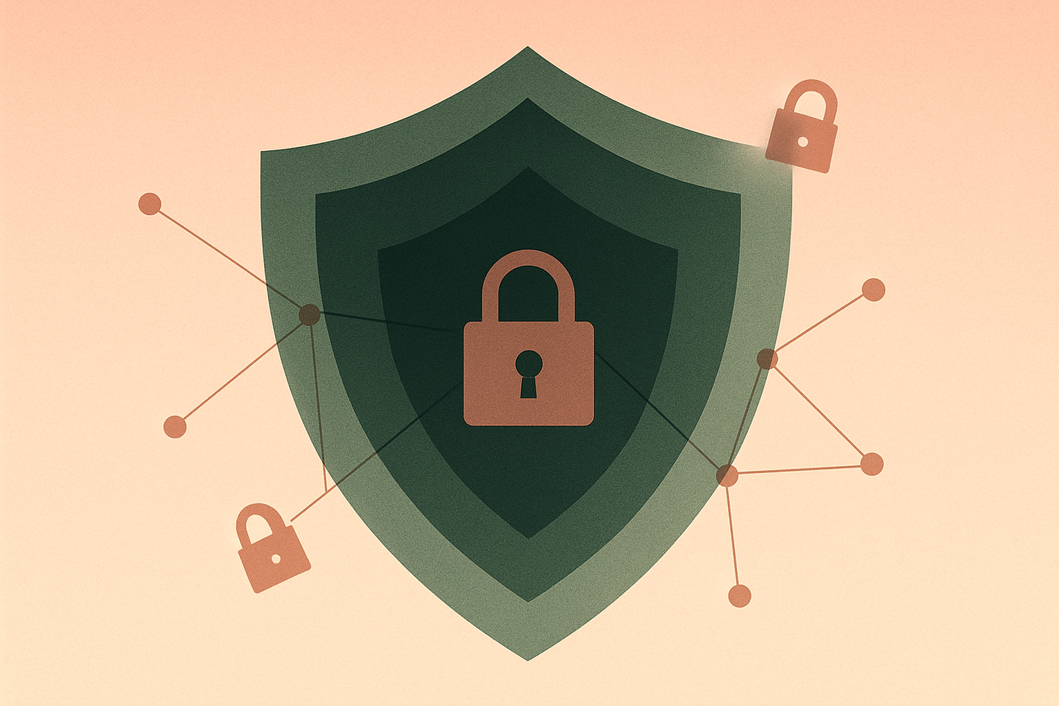 Abstract illustration of layered security shields and connected nodes representing self-hosted password vault architecture